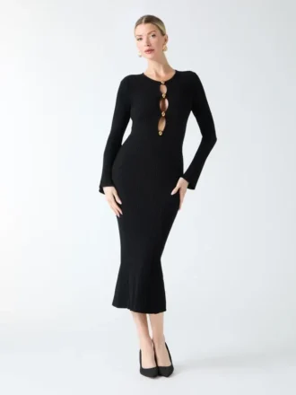 Agathe Geripptes Langarm-Midi-Kleid