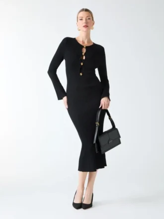 Agathe Geripptes Langarm-Midi-Kleid