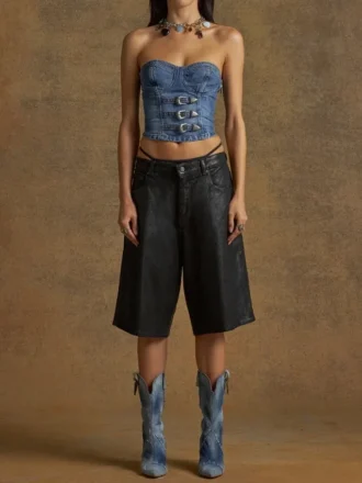 Denim-Bustier mit Schnallen